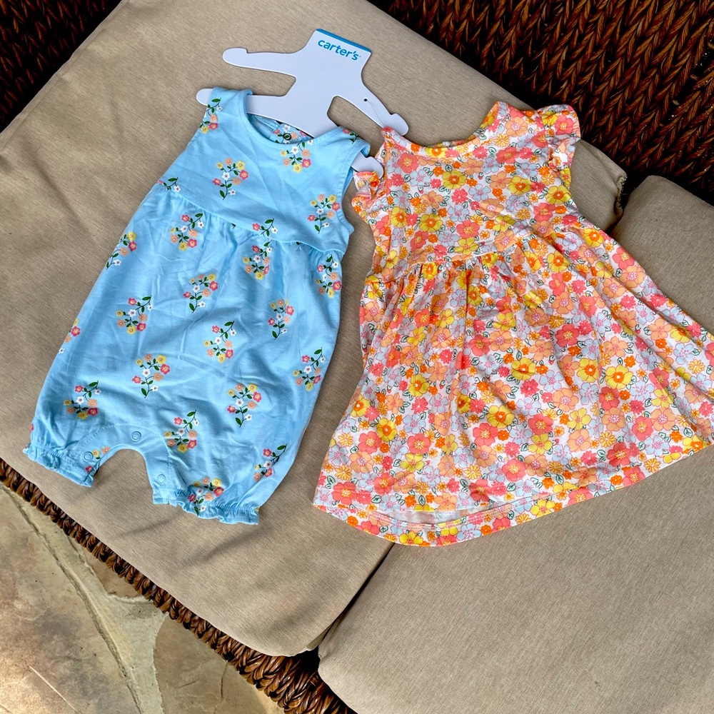 Carter’s, bundle of Dress with bloomers and Romper, Size 9 Month